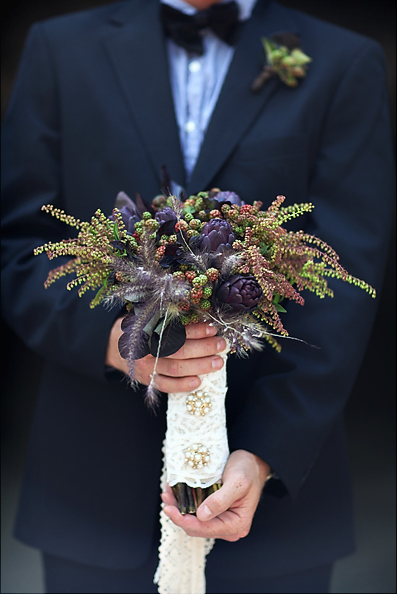 Rustic bridal bouquet with purple artichoke BlogTheWorkshop