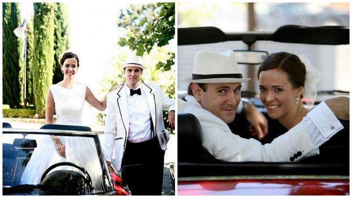 Bride and Groom in red convertible, Barndiva, Healdsburg, California, Suzanne Karp Bride and Groom in red convertible