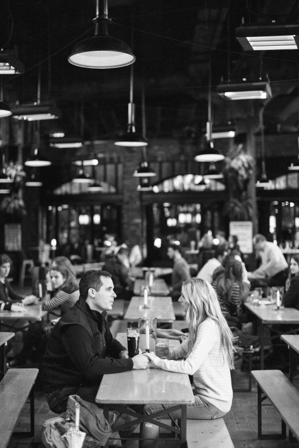 New York City engagement, city engagement inspiration, downtown bar, striped sweater, casual engagement fashion, New York restaurant engagement 0232_JuliePaul_Engagement