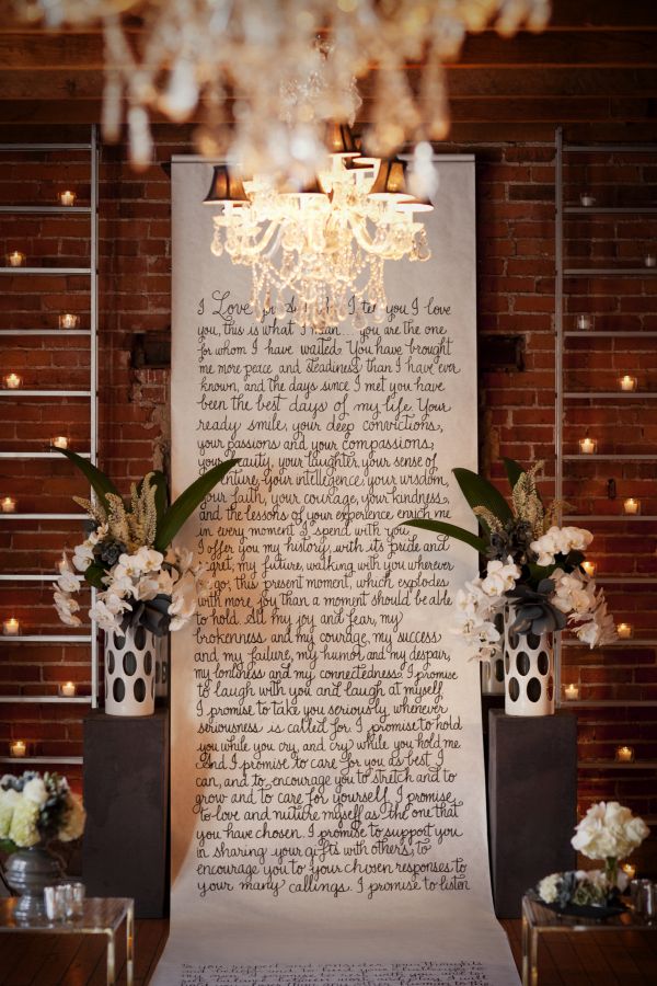 metallic urban wedding inspiration, calligraphy backdrop, vows, chandelier, exposed brick urbanmetallicwedding (19)