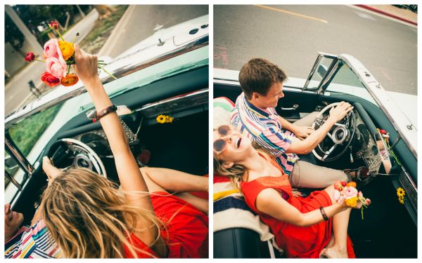 colorful beach love shoot, stripes, convertible, orange dress, colorful striped dress, colorful ranunculus colorfulbeachloveshoot (2)
