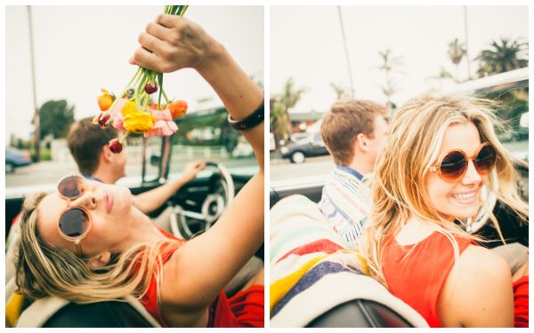 colorful beach love shoot, stripes, convertible, orange dress, retro sunglasses, colorful ranunculus colorfulbeachloveshoot (6)