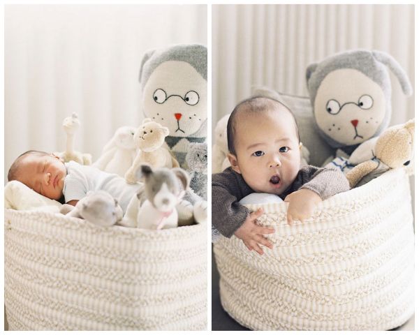 Los Angeles family photos, baby boy, newborn, one year old, toy bin, stuffed animals