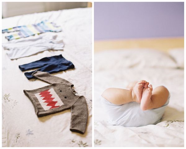 Los Angeles family at home, baby boy clothes, monster shirt, baby feet