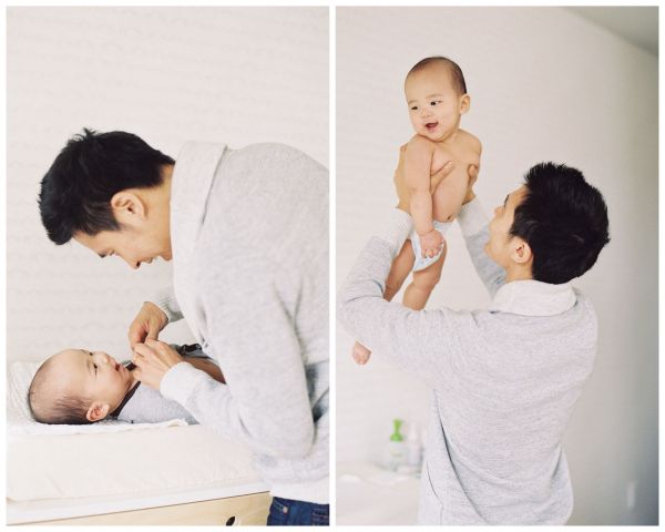Los Angeles family at home, father and son, diapers