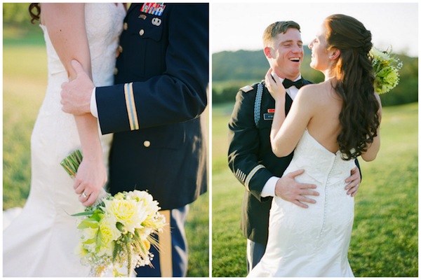 military wedding, pippin hill farms, rustic, farm wedding, groom in uniform, lace wedding dress, yellow bouquet