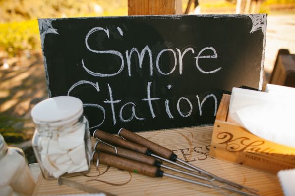 intimate vineyard wedding, smore station, marshmellows, reception, skewers