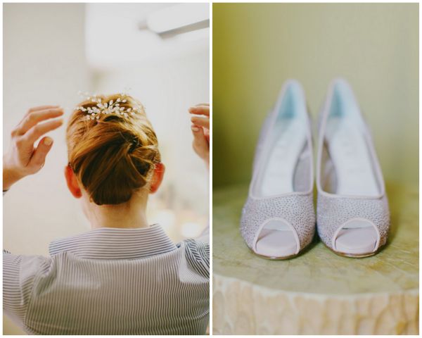 intimate vineyard wedding, bride, headpiece, getting ready, men's shirt, wedding shoes, sparkle