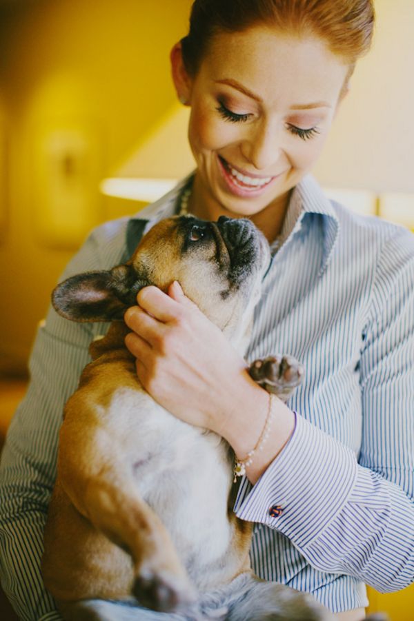 intimate vineyard wedding, bride, makeup, french bulldog, men's shirt, getting ready