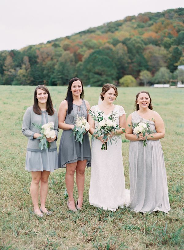 alabama country wedding, bridal party, lace dress, grey bridesmaid dresses, bouquet, ferns, sage, garden roses, scenic