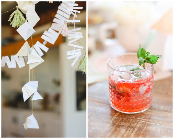 Sunday Afternoon Girls Brunch, paper garland, cranberry juice cocktail, mint