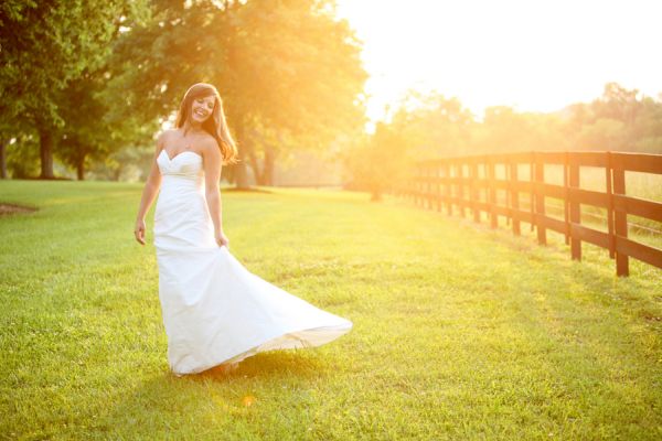 Tennessee Farmhouse Wedding, bride, sunset, fence