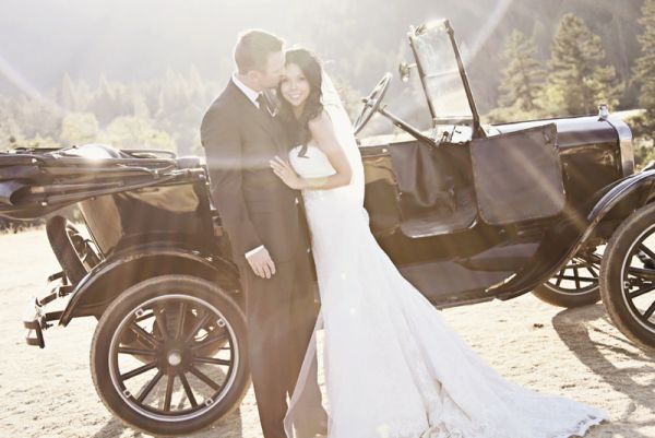 intimate oregon wedding, model t ford, vintage car, lace wedding dress, sunset