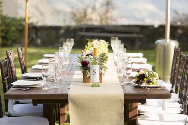 big sur wedding, wood tables, burlap runners, wedding reception