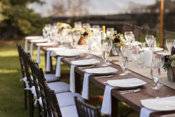 big sur wedding, wooden tables, wedding reception, table setting