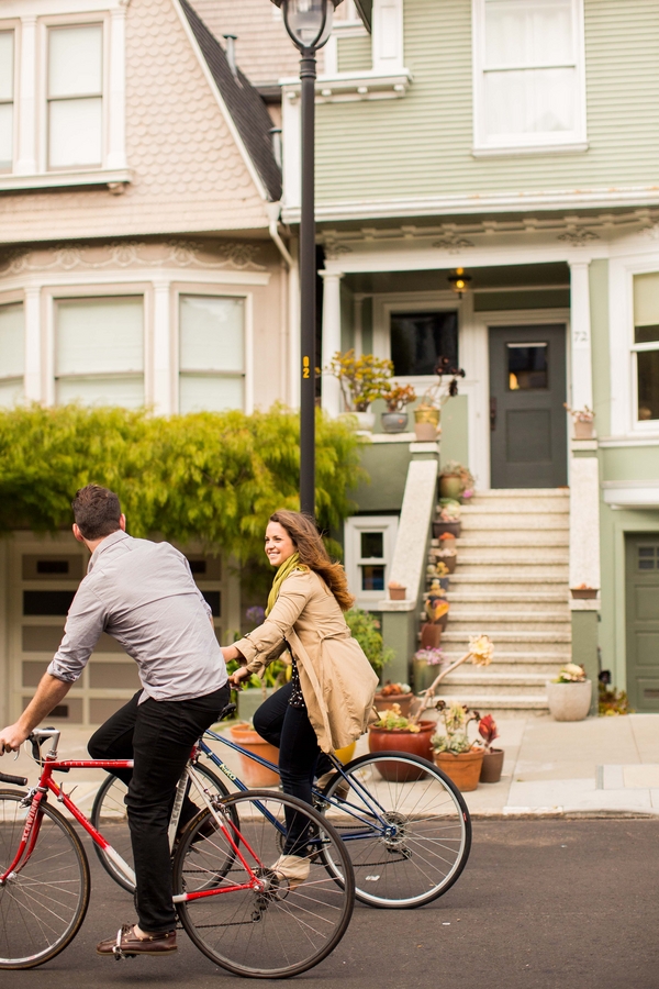 Downtown San Francisco Engagement, bikes, trench coat, polka dots, victorian houses