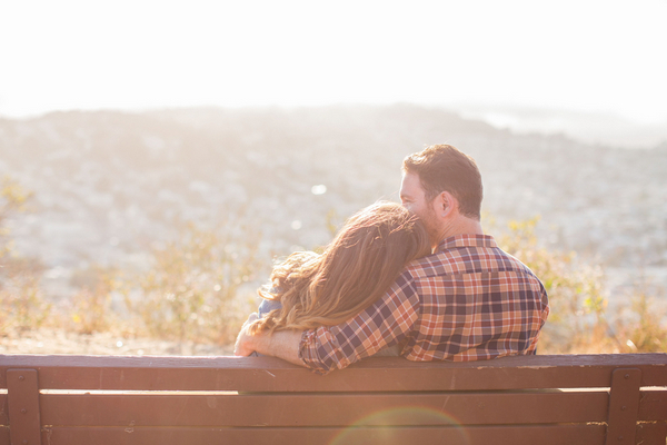 Downtown San Francisco Engagement, black maxi skirt, chambray shirt, plaid shirt, scenery, bench