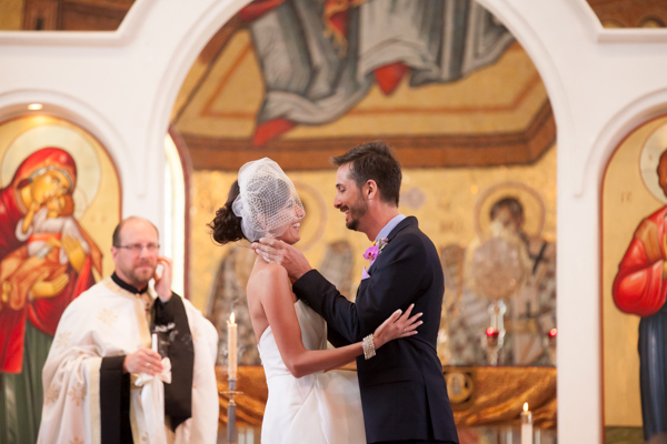 bride and groom, ceremony, first kiss, church, bird cage