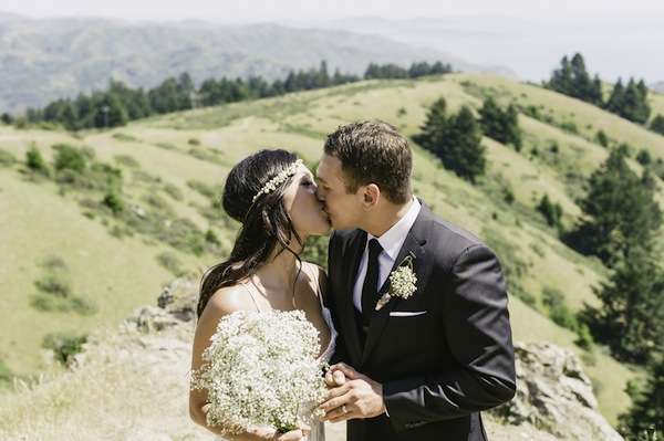bride, baby breath bouquet, elopement, mountain, floral headband, bohemian, first kiss