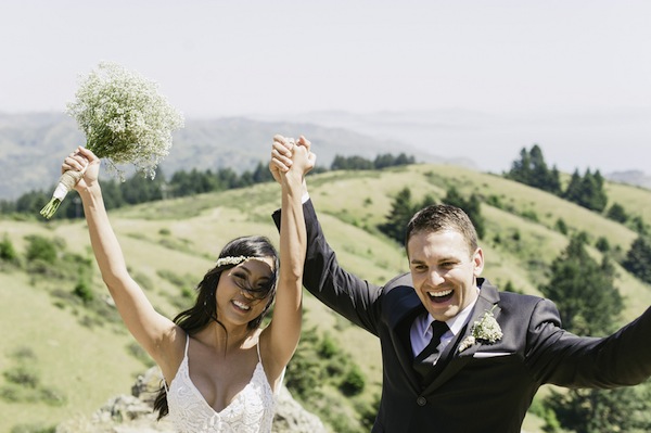 bride, baby breath bouquet, elopement, mountain, floral headband, bohemian, newlyweds, just married