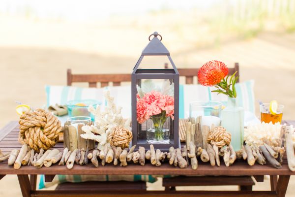 Driftwood + Citrus Beach Wedding Shoot, rope, lantern, orange, blue, wood