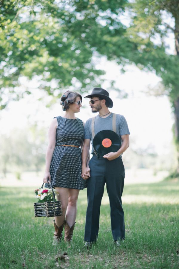Lowcountry Engagement Session by Sean Money + Elizabeth Fay Photography, cowboy hat, suspenders, retro, curlers, polka dots, cowboy boots, wildflowers