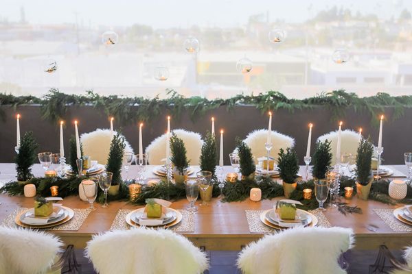 Holiday Wine + Craft Party from One Hope Wine + J Wiley Photography, fur chair covers, christmas trees, pine, taper candles, gold