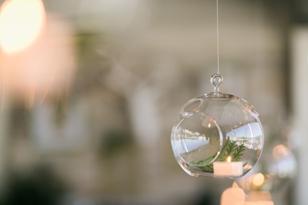 Holiday Wine + Craft Party from One Hope Wine + J Wiley Photography, terrarium globes, candles, pine