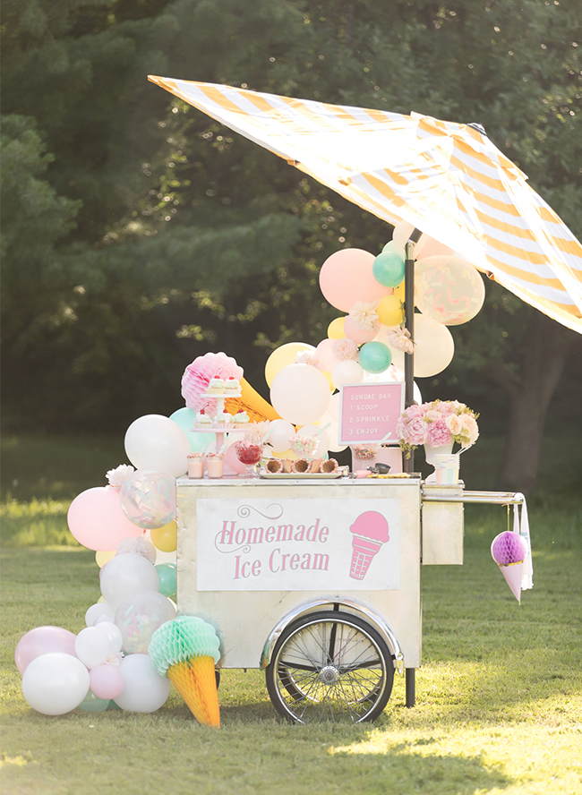 Dreamy Ice Cream Party Featuring An Ice Cream Cart, Lush Florals